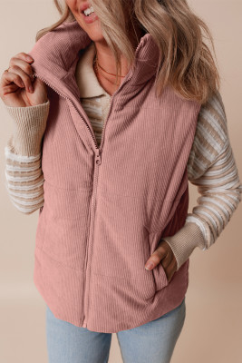 Apricot Pink Corduroy Stand Neck Zipped Puffer Vest LC856209-P2010