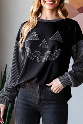 Black Halloween Rhinestone Pumpkin Face Contrast Ribbed Long Sleeve Patchwork Top LC25133541-P2
