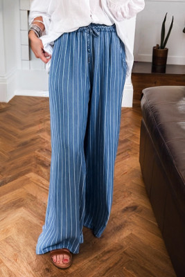 Blue Stripe Chambray Wide Leg Tied Elastic Waist Trousers LC7875911-P519