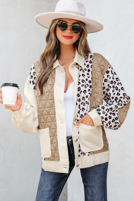 Khaki Leopard Waffle Quilted Patchwork Button Front Jacket LC8513693-P1620