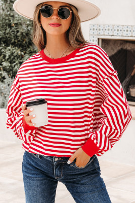 Red Stripe Exposed Seam Drop Shoulder Casual Pullover Top LC25133432-P319