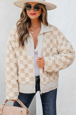 Khaki Checker Sherpa Corduroy Patchwork Zip up Collared Jacket LC25319652-P1620