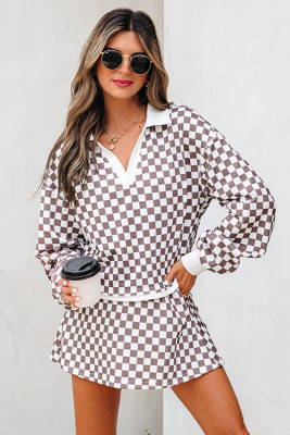 Khaki Checkered Print Polo Collar Cropped Long Sleeve Top Drawstring Mini Skirt Set LC631324-P1620