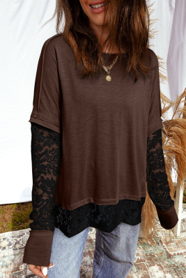 Dark Brown Sheer Lace Patchwork Casual Long Sleeve Tee LC25229514-P5017