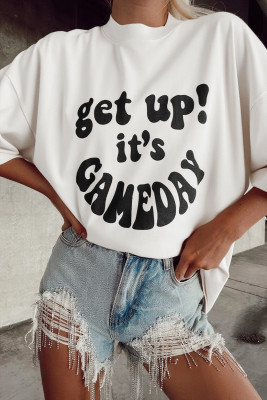 Beige GAME DAY Slogan Printed Half Sleeve Oversize T Shirt LC25229576-P15