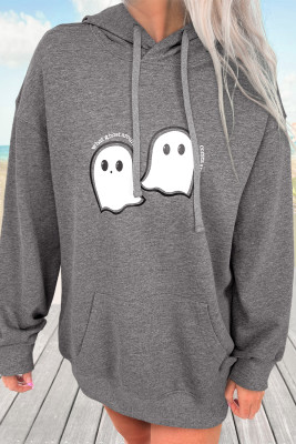 Dark Grey Cute Halloween Ghost Print Mineral Wash Oversize Hoodie LC25319650-P2011