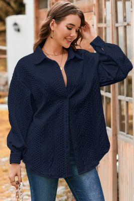 Navy Blue Cable Texture Puff Sleeve Loose Shacket LC2555155-P605