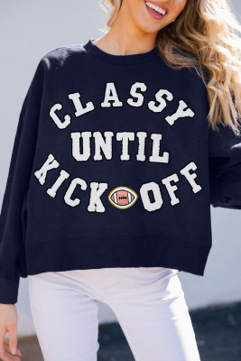 Navy Blue CLASSY UNTIL KICKOFF Plush Letter Patched Loose Sweatshirt LC25319878-P605