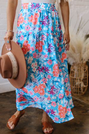 Sky Blue Floral Printed High Waist Split Wrap Long Skirt LC721942-P420