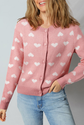 Light Pink Heart Pattern Button Front Cardigan Sweater LC2712386-P1010