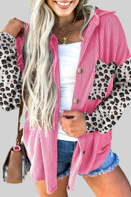 Rose Red Leopard Patched Twisted Ribbed Western Casual Shacket LC854902-P6