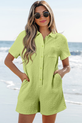 Meadow Mist Green Textured Short Sleeve Patched Pocket Buttoned Shirt Romper LC6413845-P2009