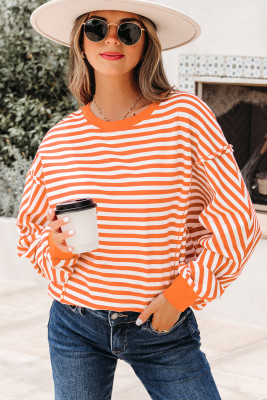 Orange Stripe Exposed Seam Drop Shoulder Casual Pullover Top LC25133432-P1419