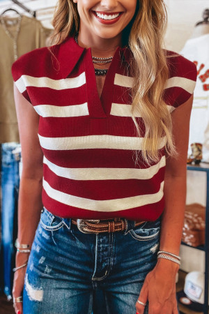 Red Stripe Collared Split Neck Sweater Vest LC276812-P319