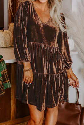Chicory Coffee Solid Color Velvet V Neck Long Sleeve Tiered Mini Dress LC6126046-P7017