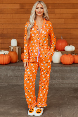 Orange Halloween Print Lapel Shirt Long 2pcs Pajama Set LC151713-P1420