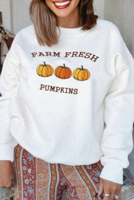 White FARM FRESH PUMPKINS Embroidered Graphic Thanksgiving Holiday Sweatshirt LC25320033-P1