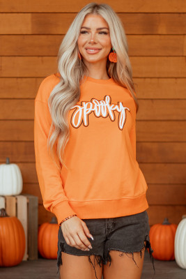 Grapefruit Orange Spooky Graphic Halloween Crew Neck Holiday Sweatshirt LC25319922-P3014