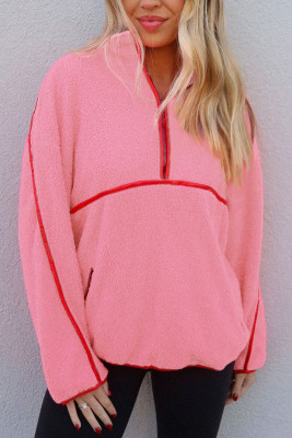 Strawberry Pink Sherpa Contrast Faux Leather Trim Half Zip Pocketed Pullover Sweatshirt LC25319639-P306