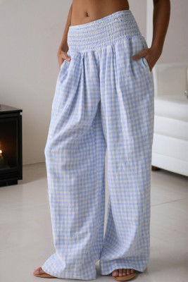 Myosotis Plaid Print Smocked High Waist Womens Loose Pants LC7713749-P1204