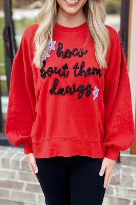 Fiery Red How Bout Them Dawgs Embroidered Script Balloon Sleeve Sweatshirt LC25320163-P3
