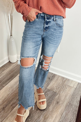 Myosotis Raw Hem Ripped Open Knee Fit Flare Jeans LC7875889-P1204