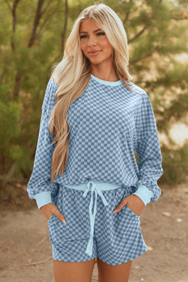 Sky Blue Checkerboard Long Sleeve Pullover and Shorts Set LC627789-P420