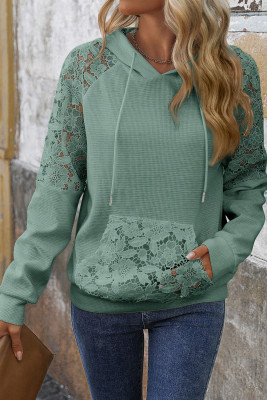 Smoke Green Lace Patchwork Raglan Sleeve Kangaroo Pocket Waffle Hoodie LC25133724-P2809