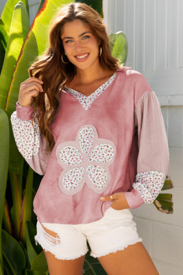 Pink Floral Patched Waffle Textured Colorblock V Neck Casual Hooded Top LC25133155-P1020