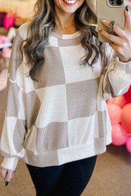 Khaki Checkered Print Breathable Textured Long Sleeve Top LC25229280-P1620