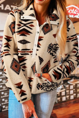 Beige Western Aztec Half Zip Plush Sweatshirt LC25319706-P1522
