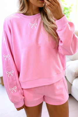 Sachet Pink Girly Bow Embroidered Detail Puff Sleeve Pullover 2pcs Short Set LC627751-P406