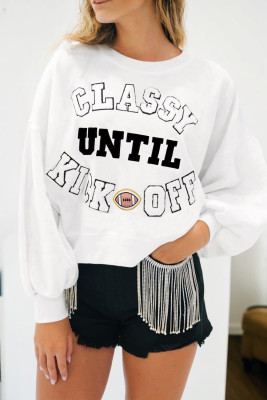 White CLASSY UNTIL KICKOFF Plush Letter Patched Loose Sweatshirt LC25319878-P1