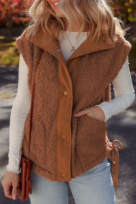 Cinnamon Faux Fur Snap Button Front Knot Side Plush Vest with Pockets LC853515-P1317