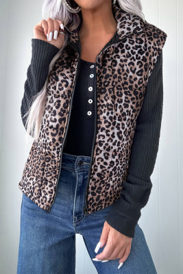 Brown Leopard Quilted Full Zipper Casual Puff Vest LC853580-P1720
