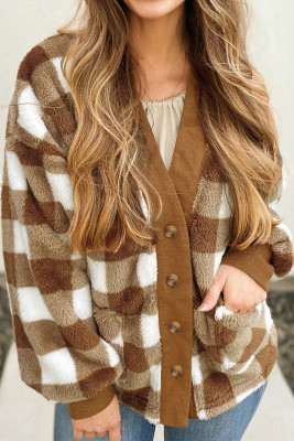 Brown Checkered Sherpa Loose Knit Cardigan with Pockets LC2542549-P1722