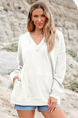 White Oversize Waffle Drop Shoulder Exposed Seam V Neck Hoodie with Pockets LC25315517-P101