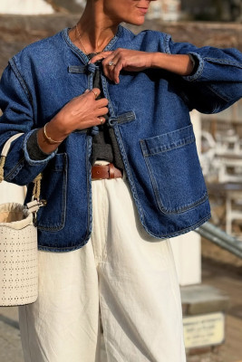 Sail Blue Vintage Fastening Big Patched Pockets Straight Cut Deep Wash Denim Jacket LC788799-P905