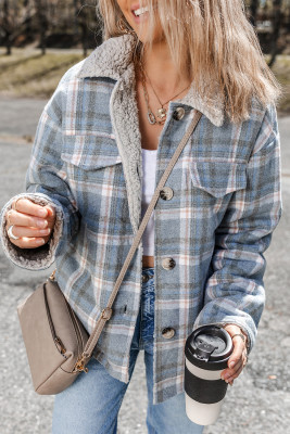Sky Blue Stripe Sherpa Collar Cuffs Patchwork Plaid Shirt Jacket with Chest Pocket LC8513158-P419