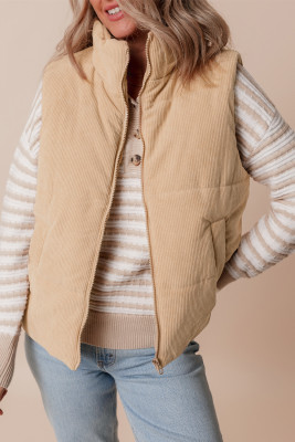 Light French Beige Corduroy Stand Neck Zipped Puffer Vest LC856209-P4016
