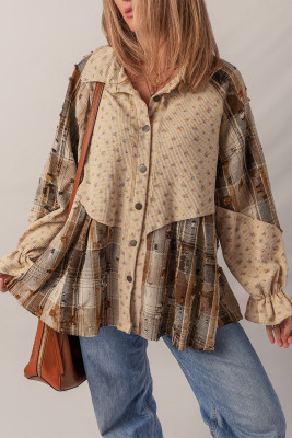 Oatmeal Boho Floral Plaid Patchwork Distressed Detail Ruffled Sleeve Waffle Knit Shacket LC854970-P1015