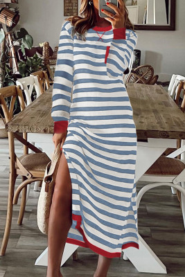 Sky Blue Stripe Striped Print Contrast Edge Long Sleeve Midi Dress with Side Splits LC6121589-P419