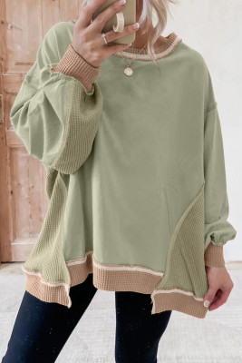 Smoke Green Color Block Mix Texture Waffle Patchwork Oversize Sweatshirt LC25320042-P2809