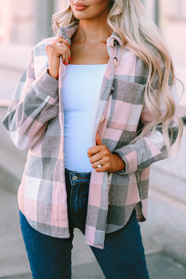 Pink Gray Plaid Color Block Buttoned Long Sleeve Jacket with Pocket LC8511343-10