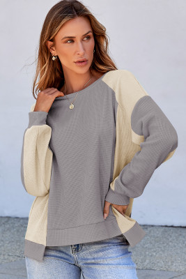 Medium Grey Color Block Waffle High Low Raglan Sleeve Sweatshirt LC25317358-P3011