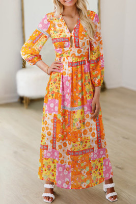 Orange Floral Patchwork Print Cut out Tied Back Bracelet Sleeve Maxi Dress LC6126287-P1420