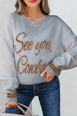 Light Grey See You Cowboy Embroidered Western Graphic Sweater LC2726696-P1011