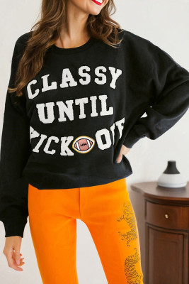 Black CLASSY UNTIL KICKOFF Plush Letter Patched Loose Sweatshirt LC25319878-P2