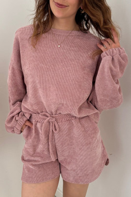 Fushia Solid Color Textured Knit Drop Shoulder Pullover Drawstring Shorts Set LC628219-P1410