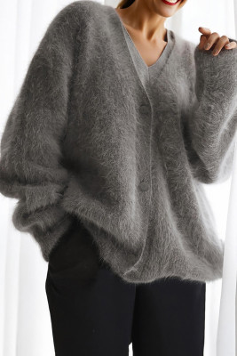 Philippine Gray V Neck Button Down Fuzzy Knit Mohair Sweater Cardigan LC2712408-P5011